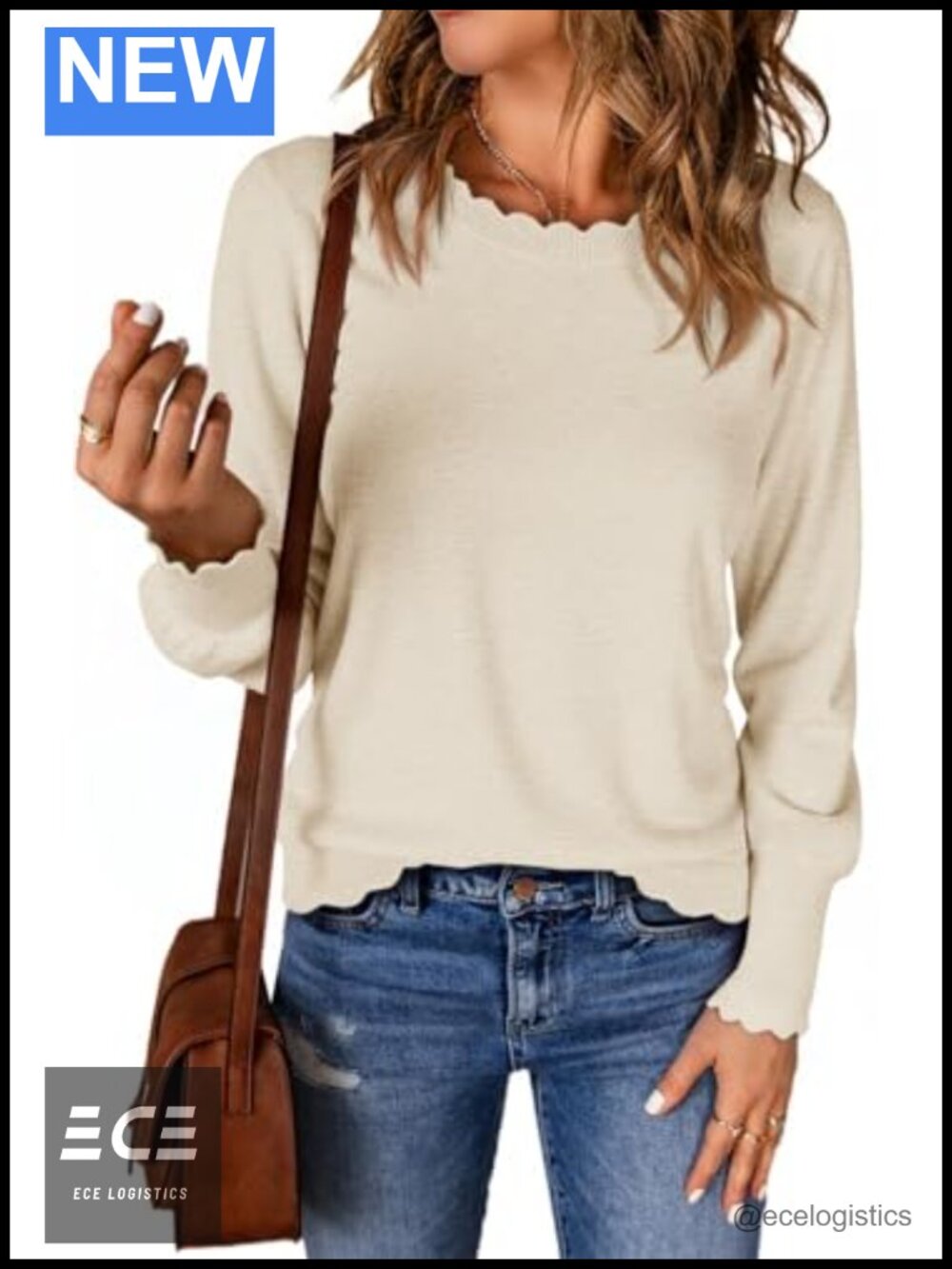 Womens Crewneck Long Sleeve Pullover Sweater Lightweight Scallop Trim Knit